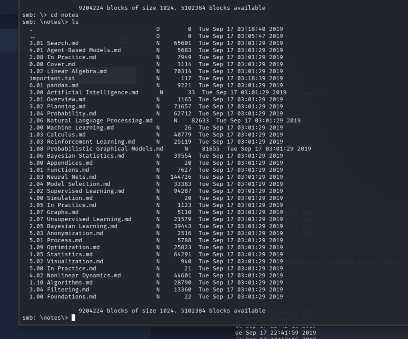 milesdyson SMB share notes directory listing showing important.txt